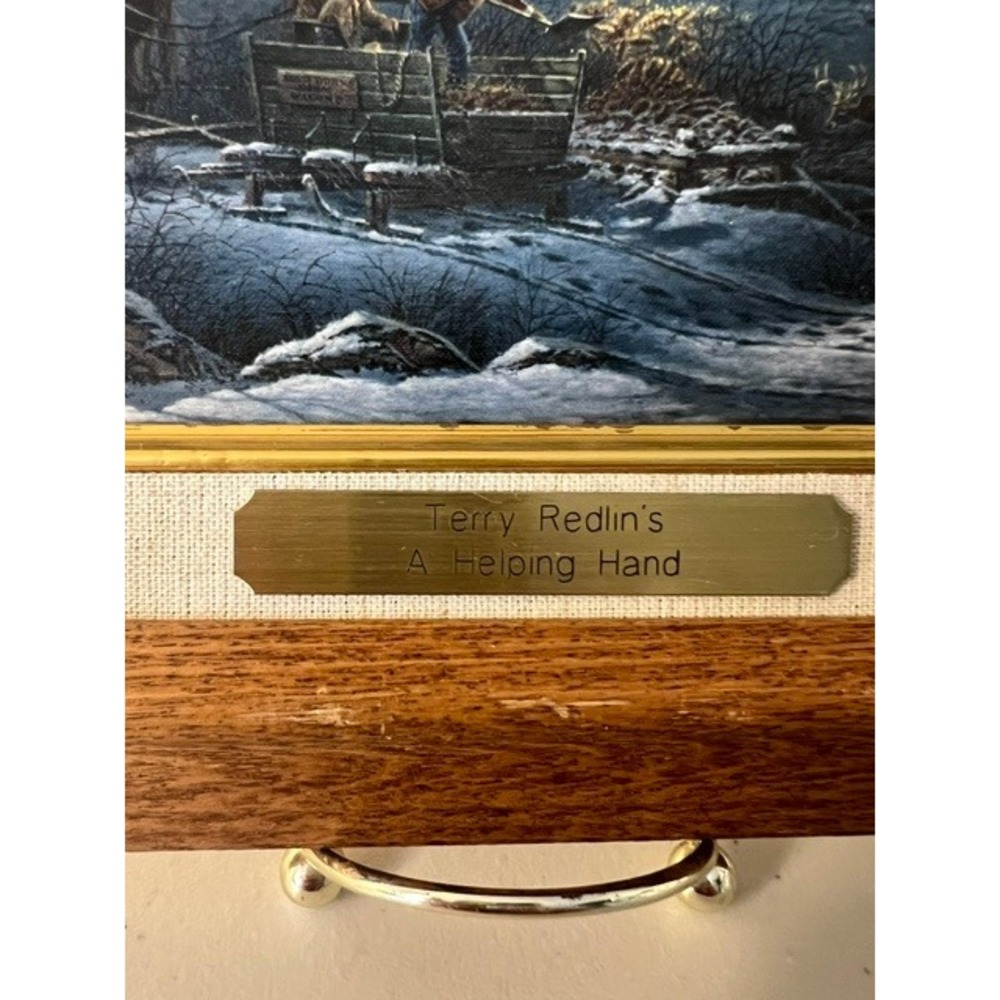 Terry Redlin A Helping Hand Framed Linen Plaque Oak Frame Winter Scene 14x9 - Picture 2 of 8